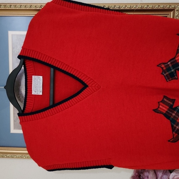 Vintage 100%Virgin Wool Red Sleeveless Vest with Plaid Dog Design Collegaite - Picture 4 of 9